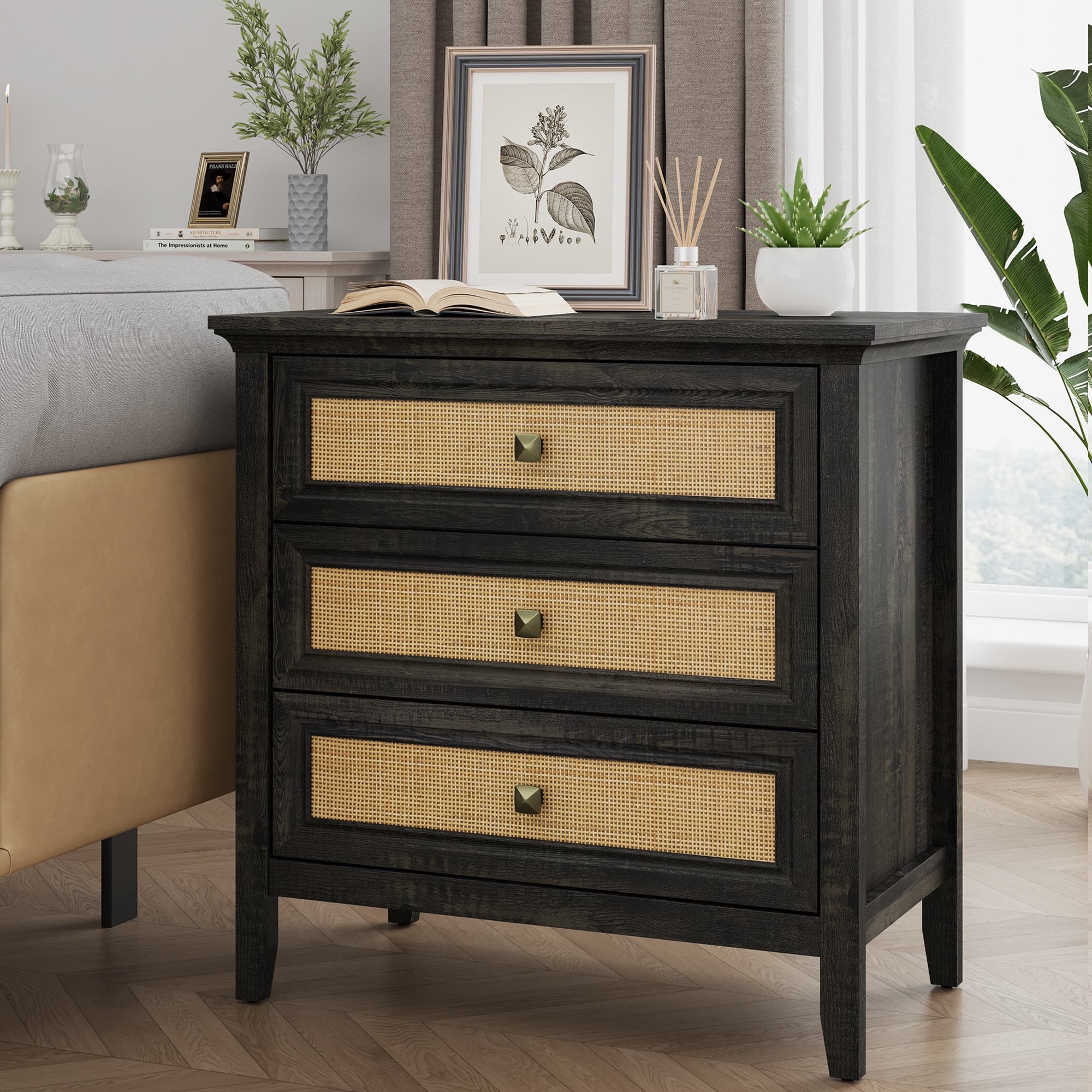 3 Drawer Dresser Rattan Dresser Wood Chest Of Drawers Farmhouse Closet Dressers Modern Bedside Table Rustic Nightstand Storage Cabinet For Bedroom, Hallway, Living Room, Dark Rustic Oak_maomaolike.com